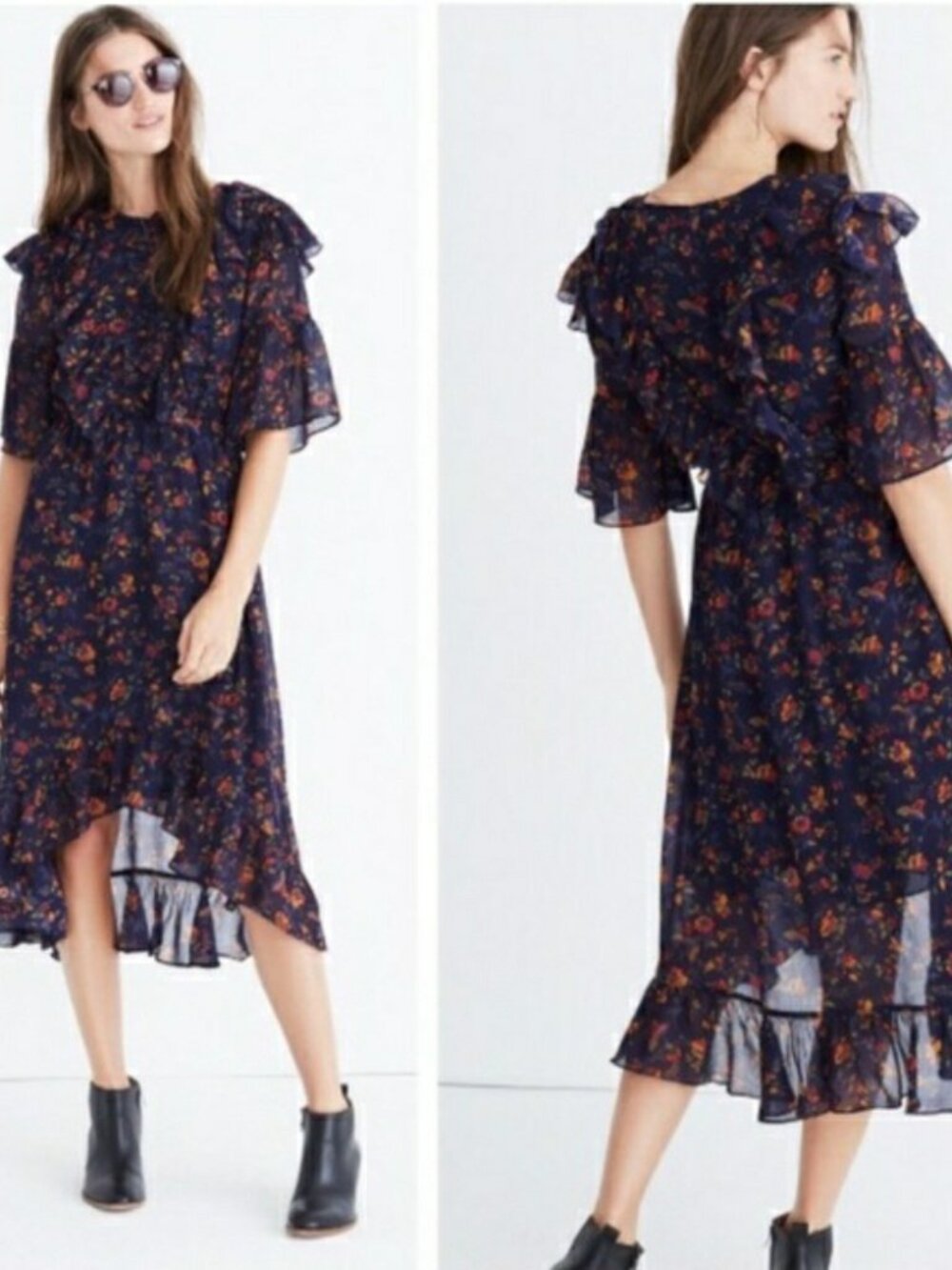 Madewell Navy Climbing Vine Floral Ruffle High-Low Midi Dress Size 2
